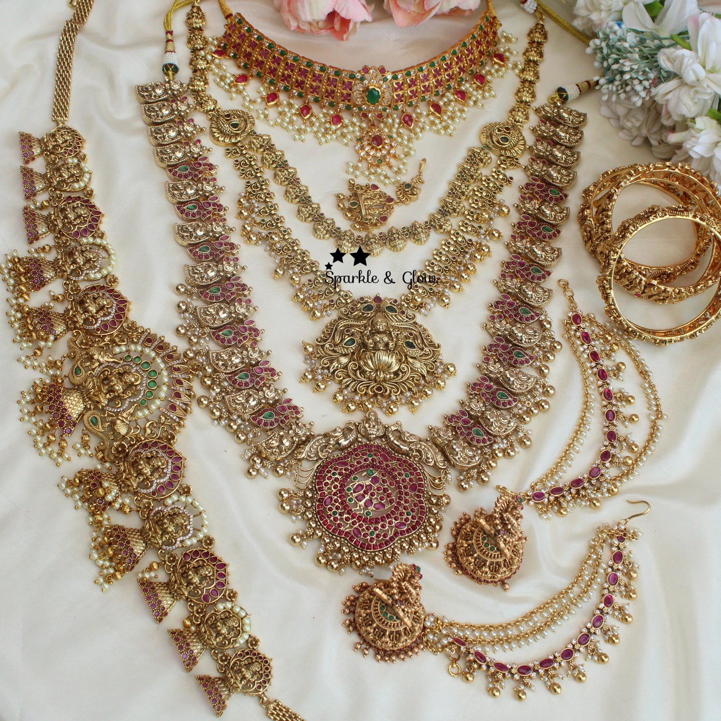 Spargz Floral Gold Plated Purple AD Stone Fashion Bridal Jewellery Necklace Set for Women