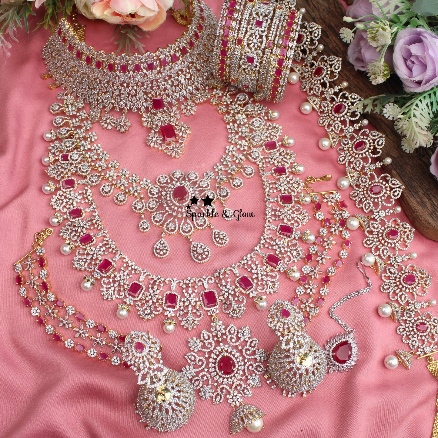 Grand Peacock Floral Bridal American diamond necklace set with jhumuka drops with maang tikka