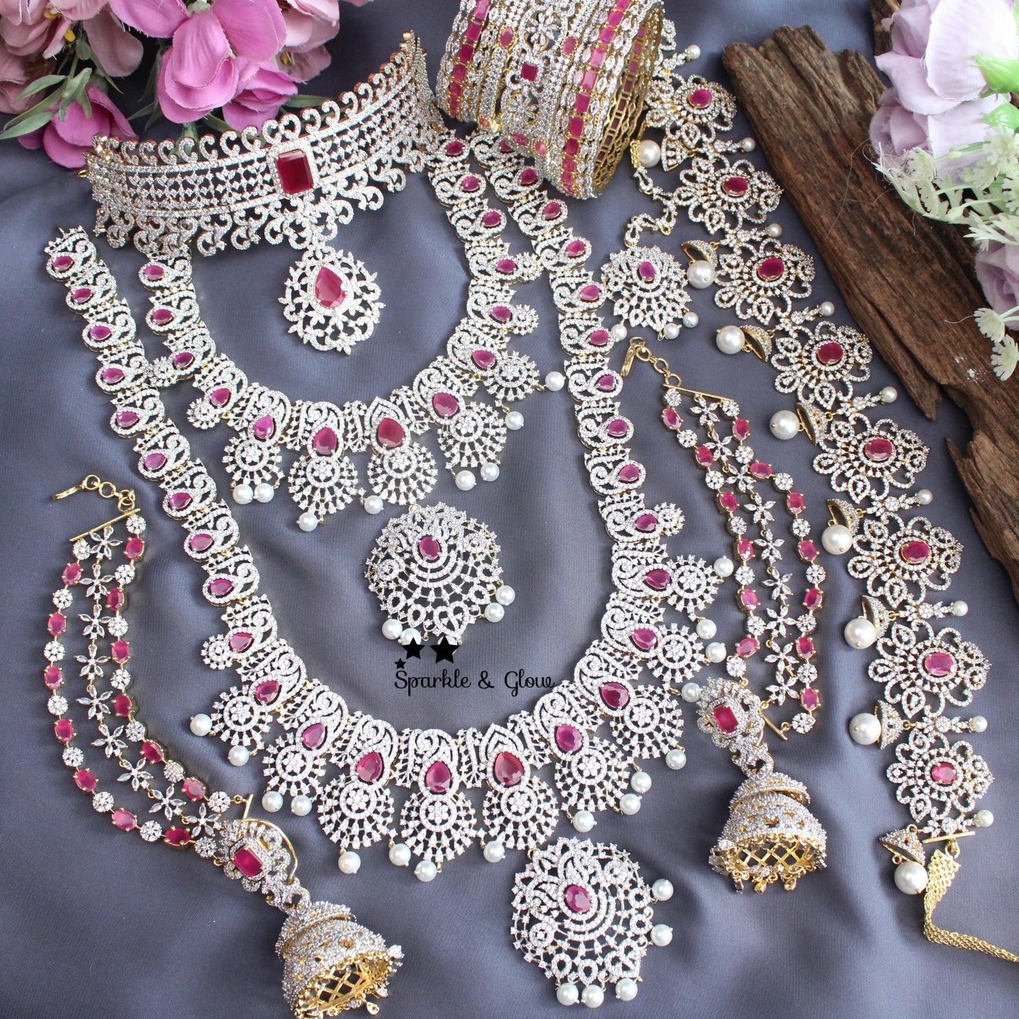 Stunning GJ Polish mango carved floral short long necklace set with maang tikka