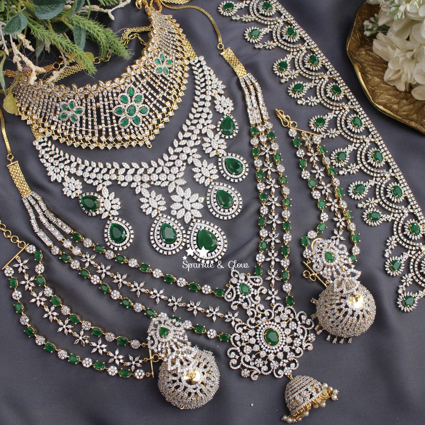 GJ Polish statement semi Bridal set with long haram and short necklace and tikka - Green