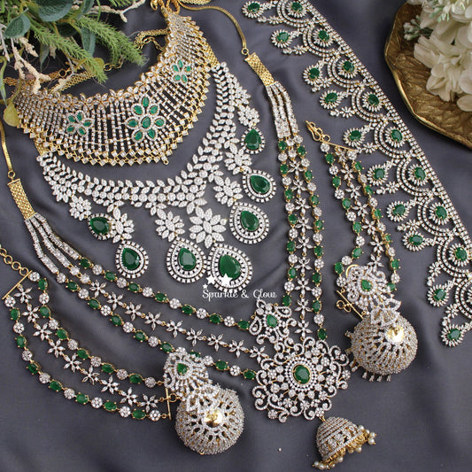 GJ Polish statement semi Bridal set with long haram and short necklace and tikka - Green
