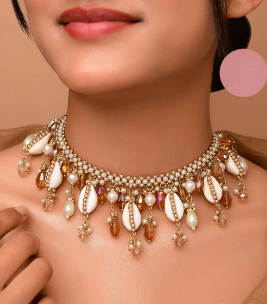 Gohiranya - The Majesty Drops - Beads, Shells And Glass Drops Hand Embroidered Neckpiece