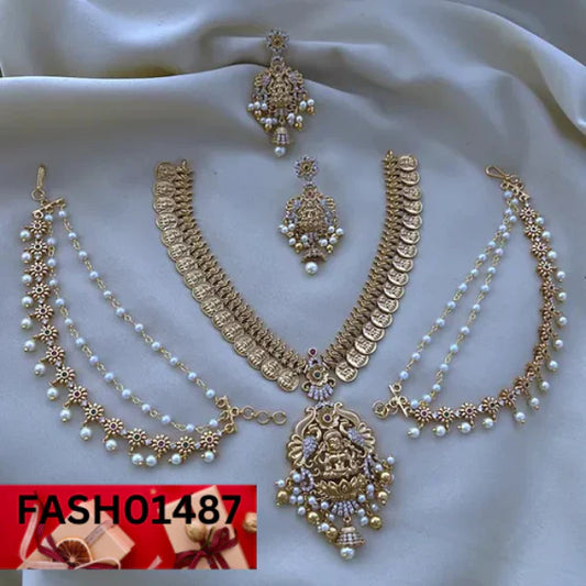 Antique Polished Short Necklace with Ear-chain Combo Set