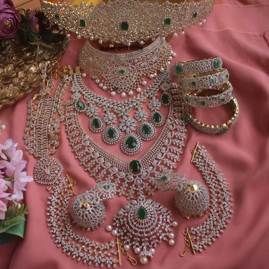Jewelry Combo Green Stone American Diamond Bridal sets