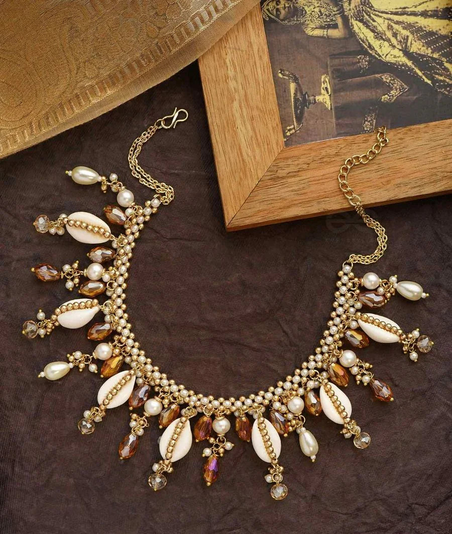 Gohiranya - The Majesty Drops - Beads, Shells And Glass Drops Hand Embroidered Neckpiece