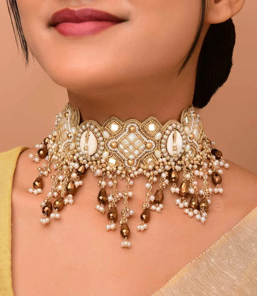 Shells, Beads, Mirror And Glass Drops Hand Embroidered Choker Neckpiece