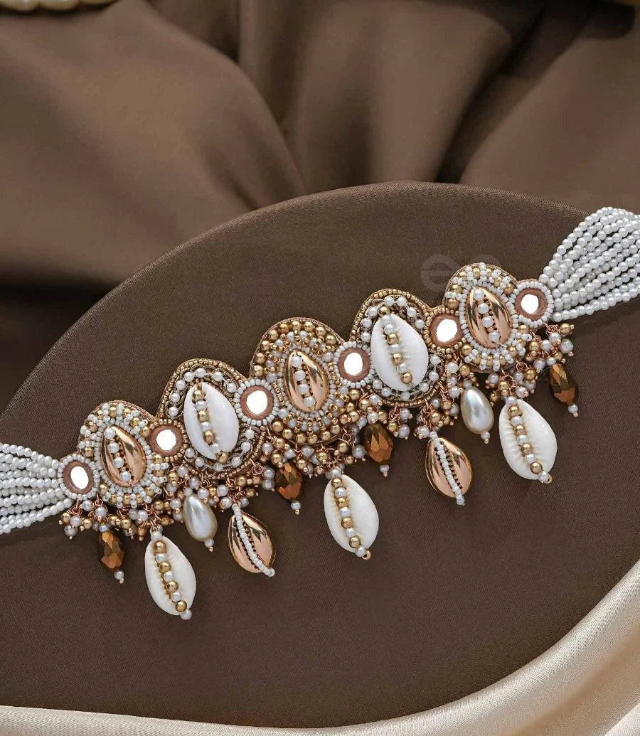 Shells, Beads, Pearl And Glass Drops Hand Embroidered Choker Neckpiece