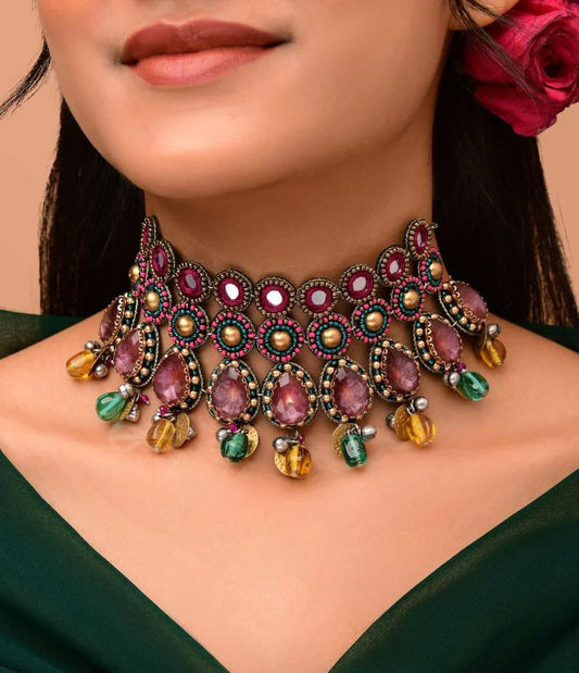 Vashikrit - The Hypnotic Tiers - Mirror, Stones, Coins And Glass Drops Hand Embroidered Oxidised Choker Neckpiece