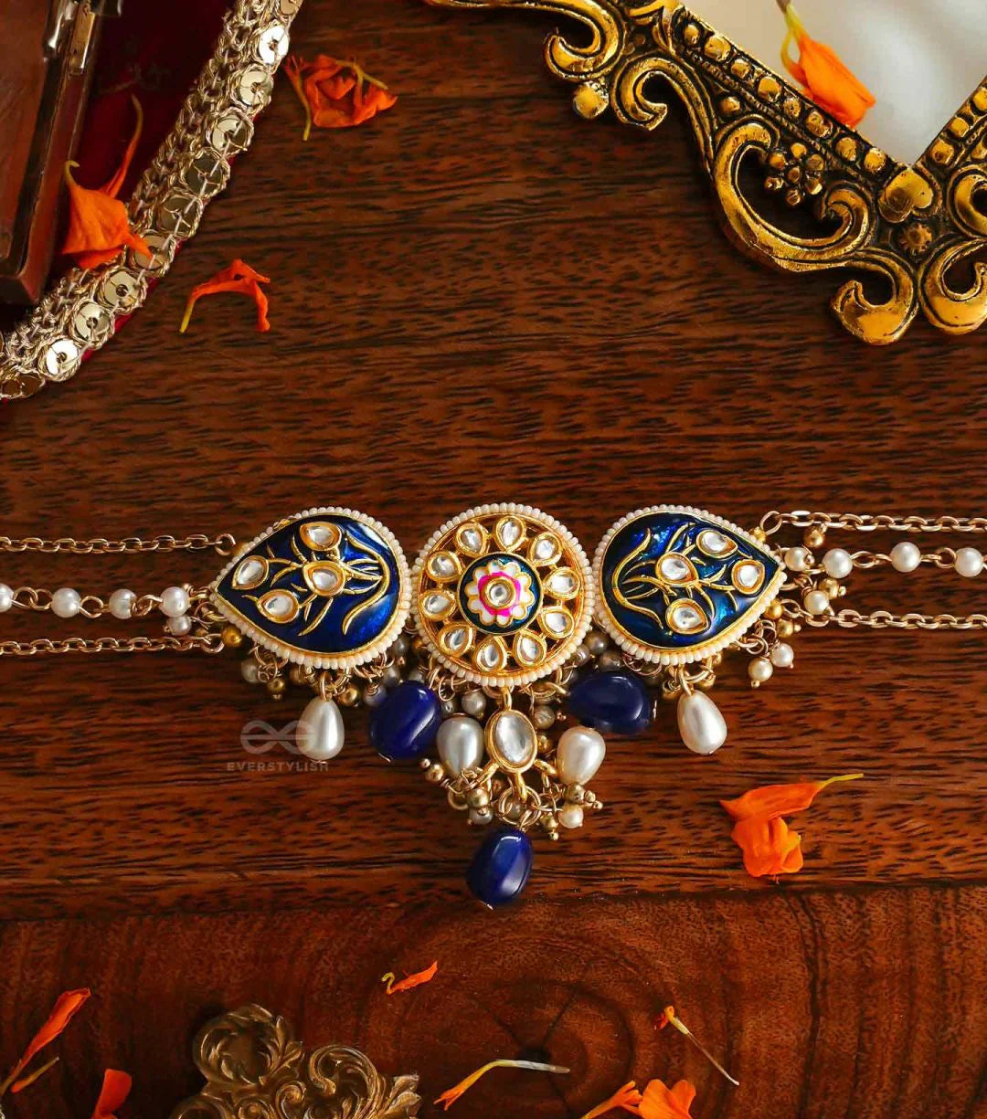 NILACHANDRIKA- MOONLIGHT OF THE BLUE SKY -HANDMADE KUNDAN SET WITH NECKLACE AND EARRINGS