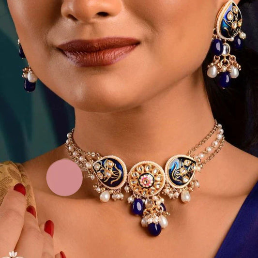 NILACHANDRIKA- MOONLIGHT OF THE BLUE SKY -HANDMADE KUNDAN SET WITH NECKLACE AND EARRINGS