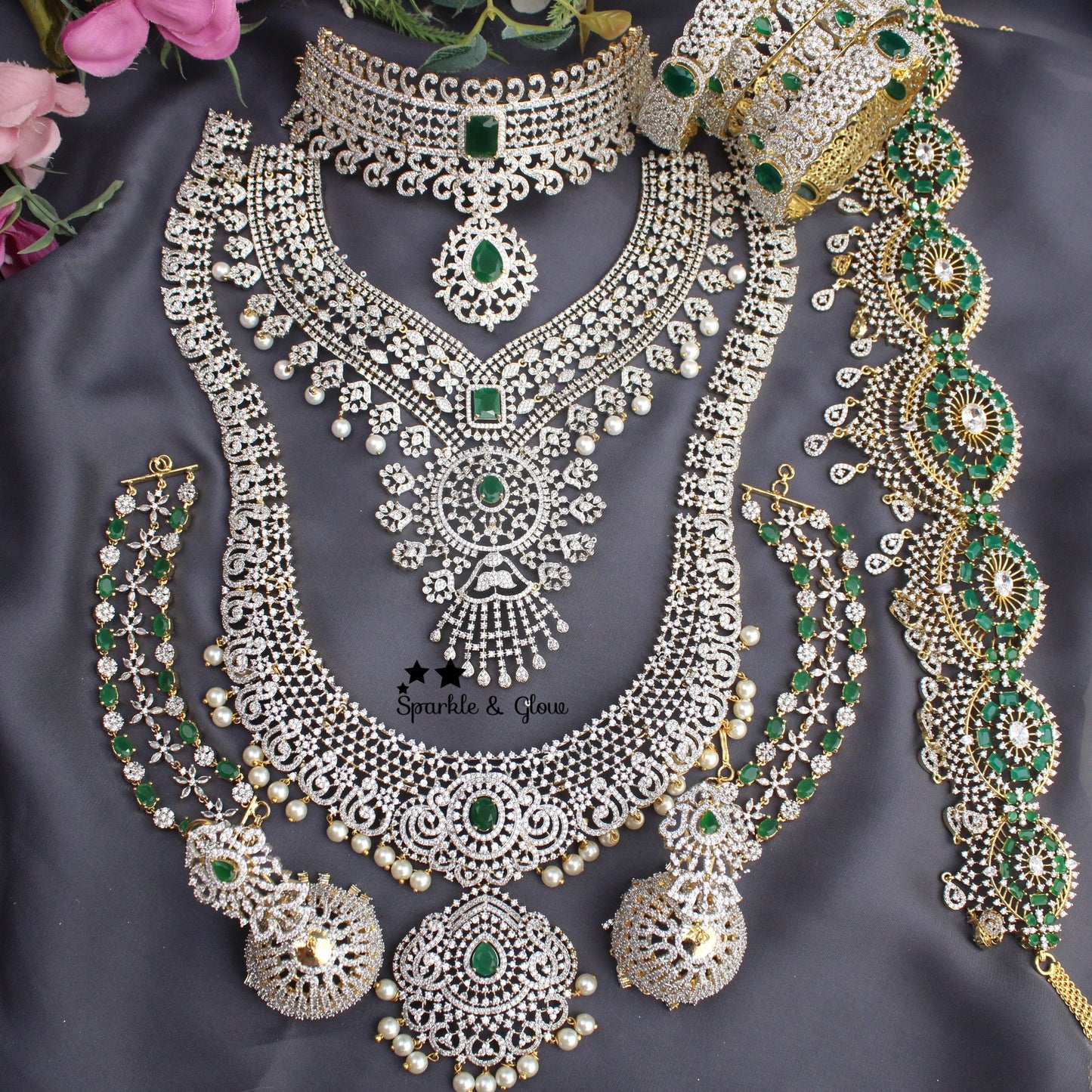 Gorgeous floral american diamond bridal set with emerald with mang tikka - green